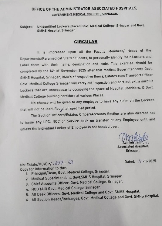 By November 14, all medical college students, faculty, and officials were asked to identify lockers; the Srinagar administration took strict action on doctors' locked lockers.