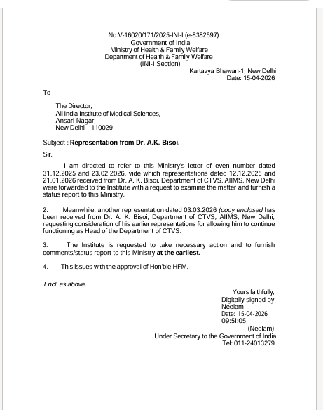Under the order issued with the approval of the Honorable Health Minister (HFM) by the Ministry of Health and Family Welfare, Dr. A.K. Bisoi has been granted permission to continue working as Head of Department (CTVS).