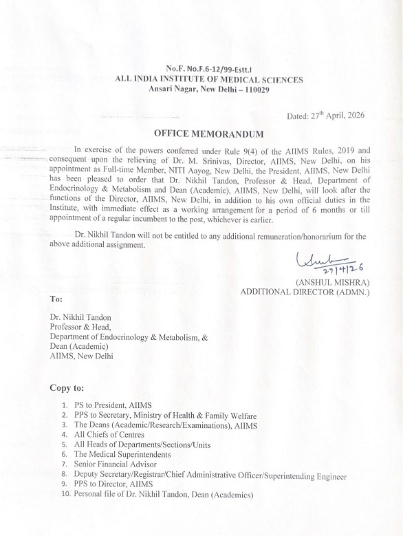 Dr. Nikhil Tandon was appointed as the Executive Director of AIIMS, 